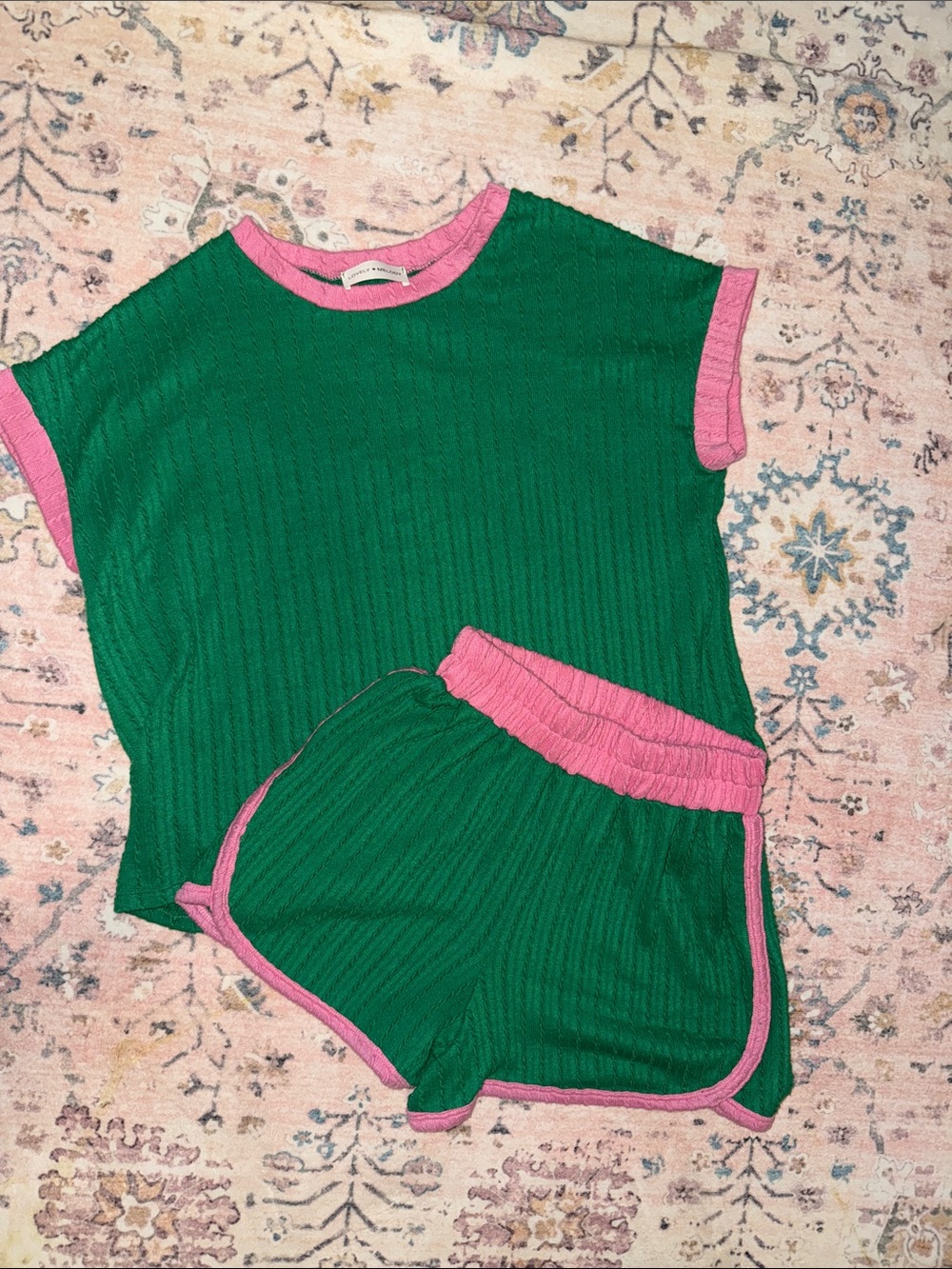 Lovely Melody Green and Pink Ribbed Knit Top & Shorts Set